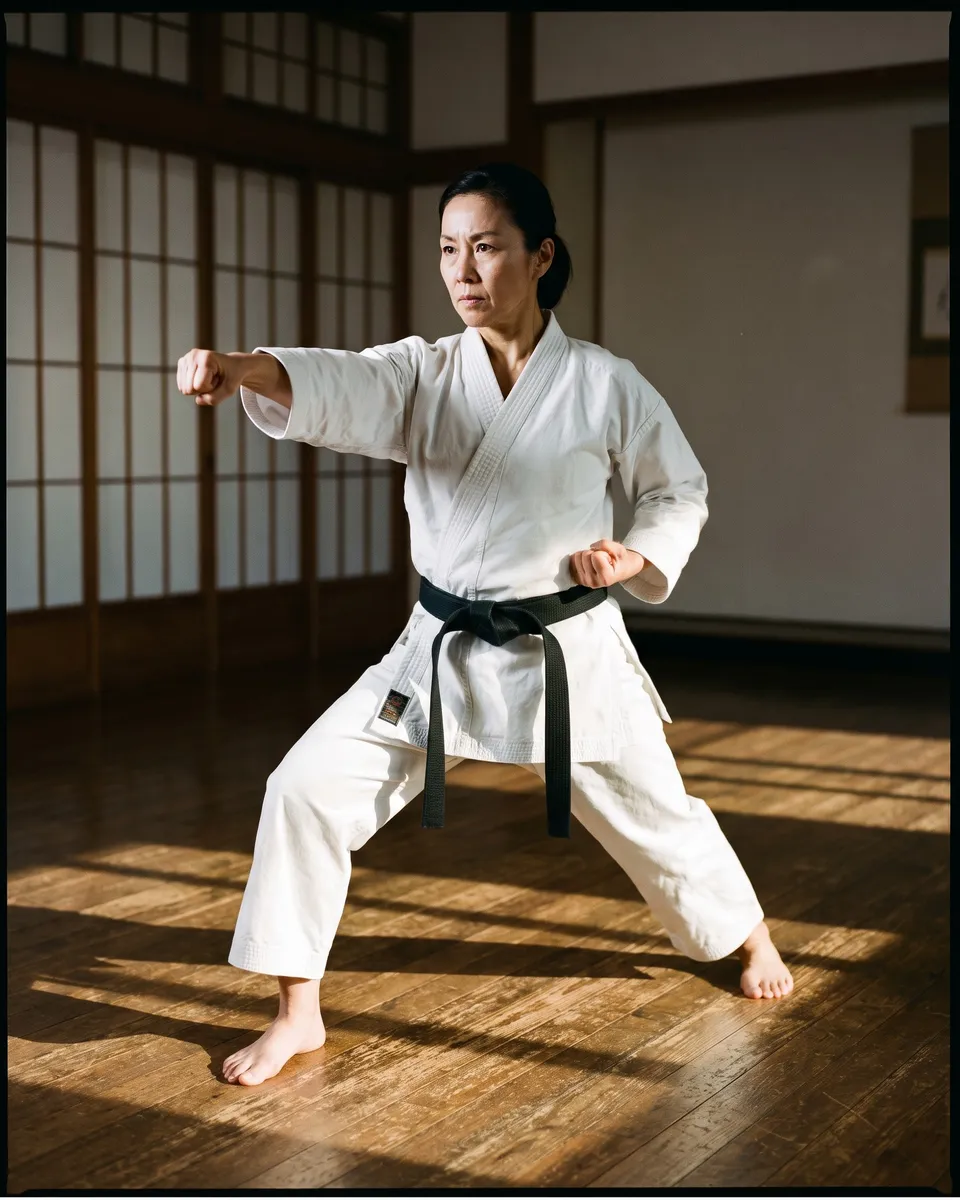 Illustration: a woman black belt performing a Shotokan karate stance in a traditional dojo