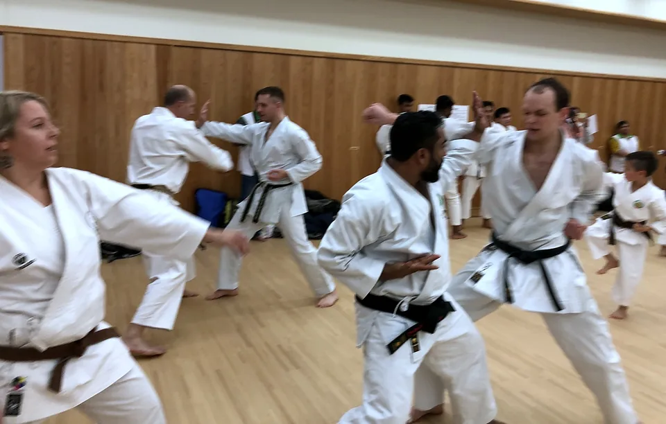 Black belts practising kumite during a training seminar in a Japanese dojo